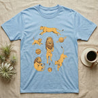 Light blue t-shirt with illustrations of lions and planets in space.