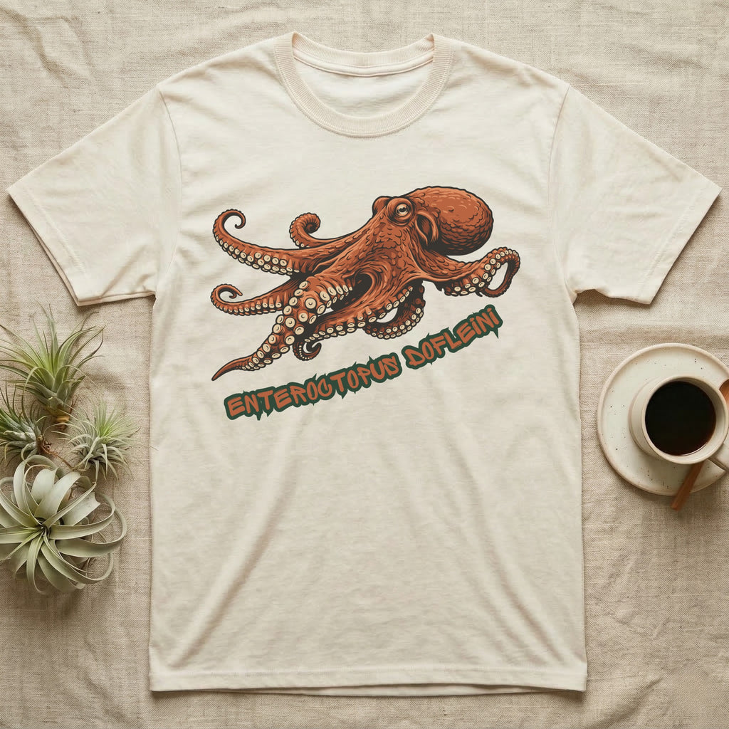 Cream t-shirt with an orange octopus and text "Enteroctopus Dofleini".