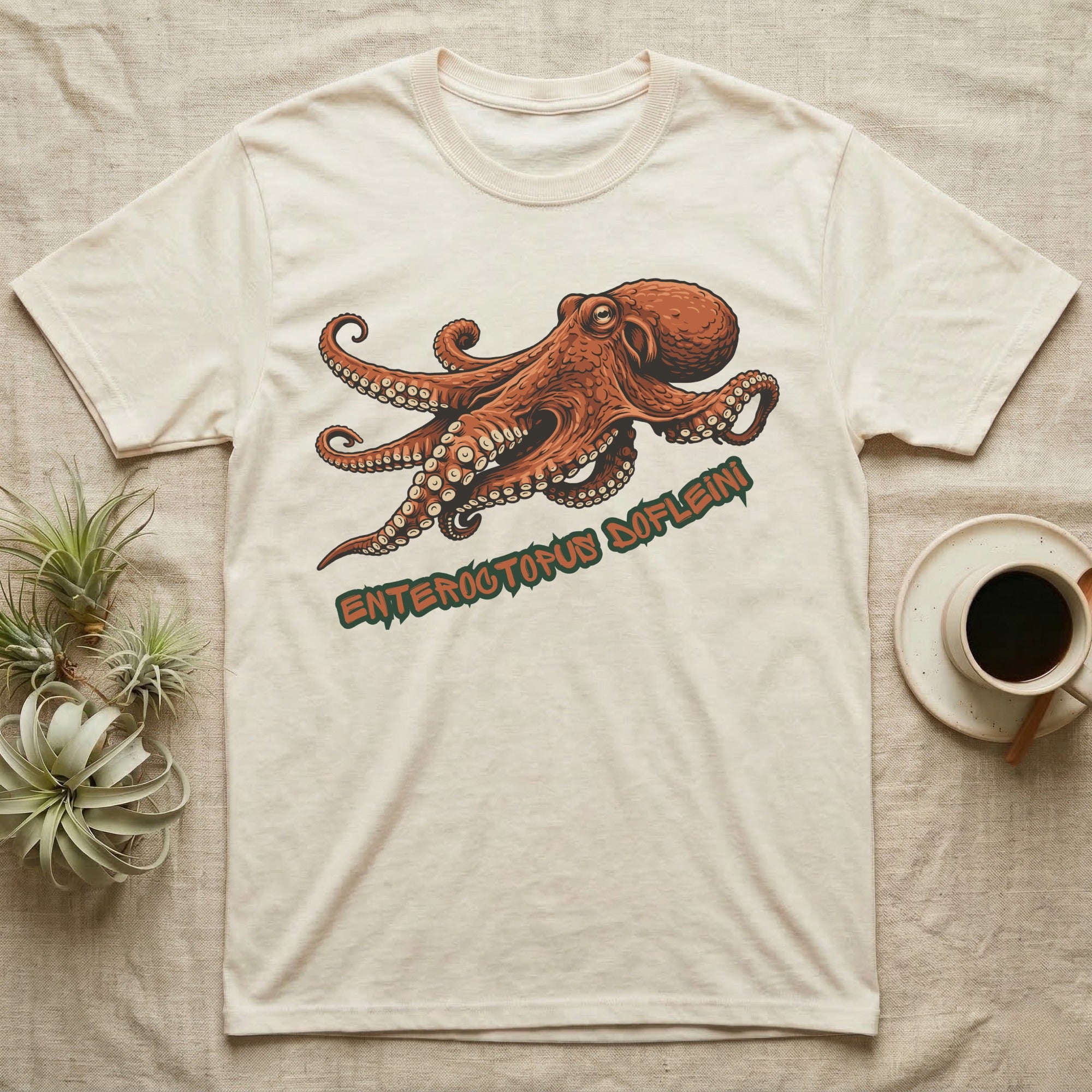 Cream t-shirt with an orange octopus and text "Enteroctopus Dofleini".