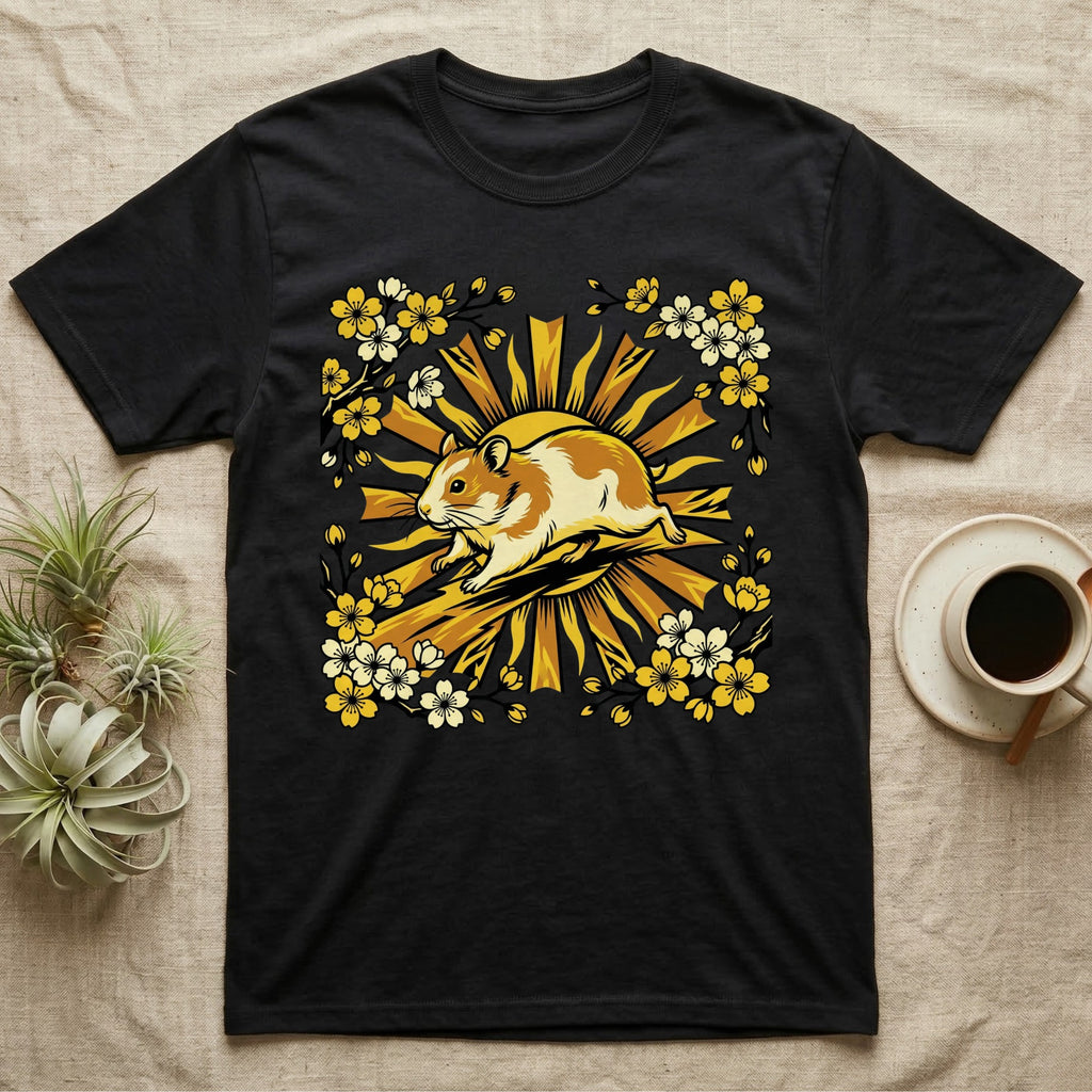 Black t-shirt with a stylized hamster and cherry blossoms design.