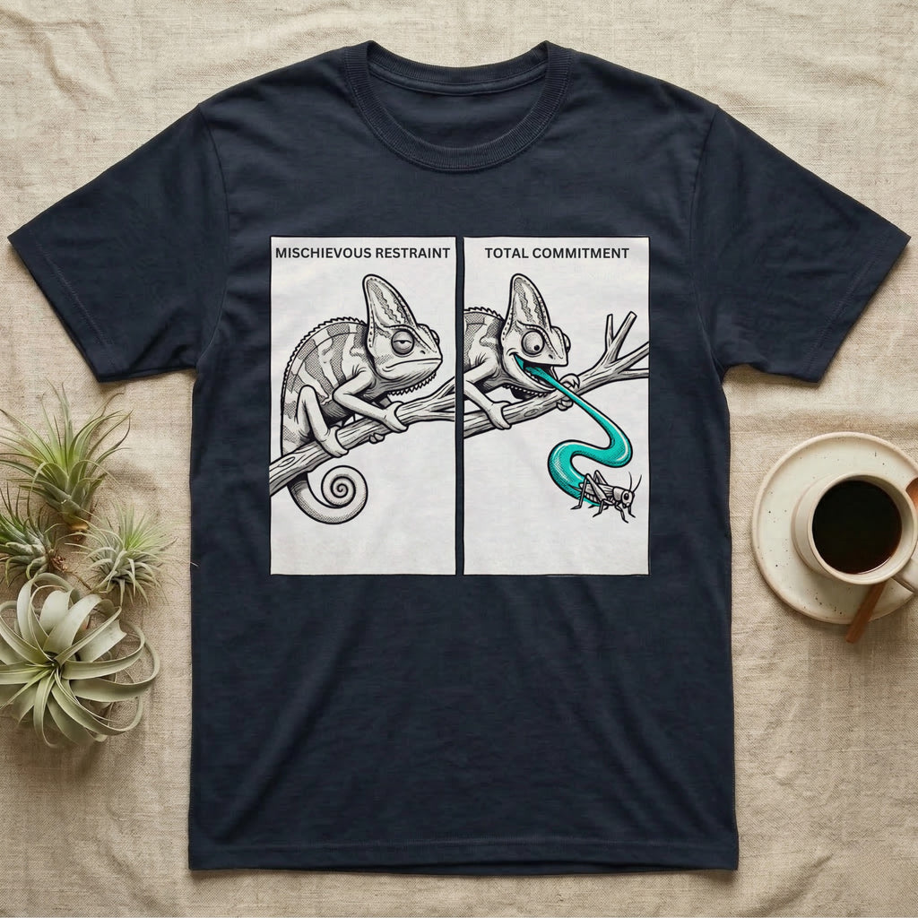 Veiled Chameleon Diet T-Shirt in Navy — Two-panel vector illustration of a veiled chameleon, calm on the left and tongue mid-strike on the right.