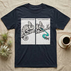 Veiled Chameleon Diet T-Shirt in Navy — Two-panel vector illustration of a veiled chameleon, calm on the left and tongue mid-strike on the right.