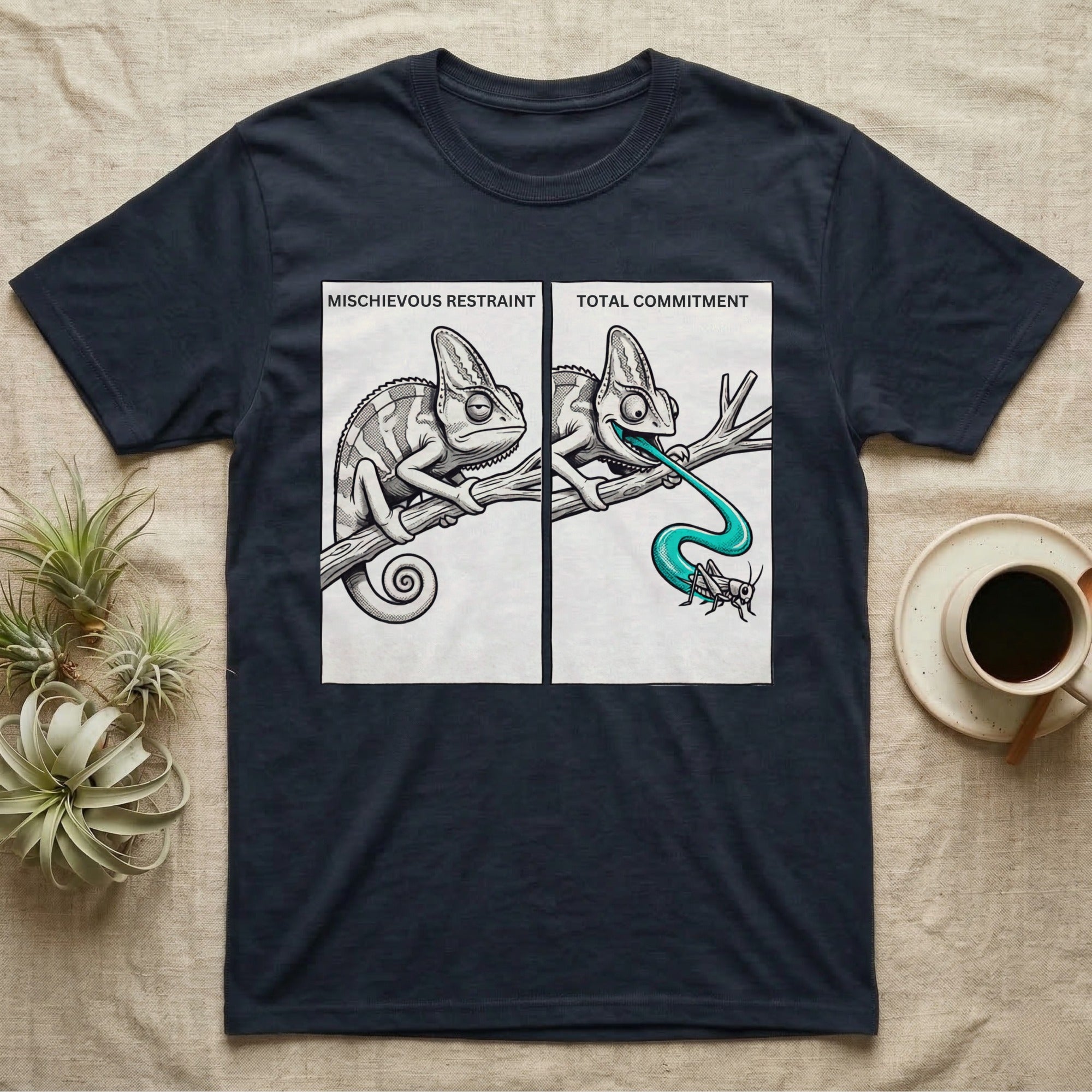 Veiled Chameleon Diet T-Shirt in Navy — Two-panel vector illustration of a veiled chameleon, calm on the left and tongue mid-strike on the right.
