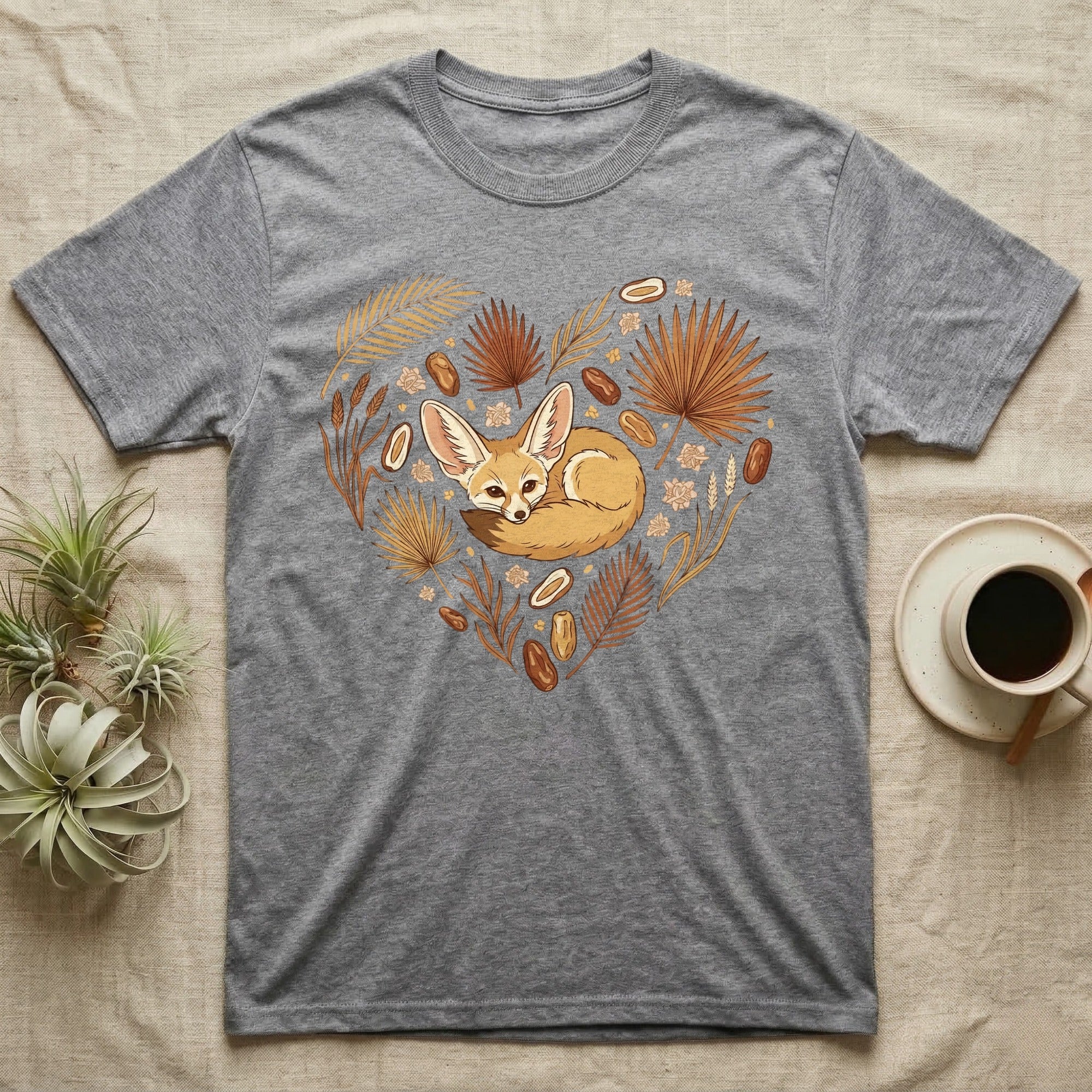 Grey t-shirt with a heart-shaped design of a fennec fox and autumn leaves.