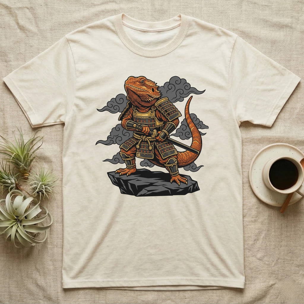 Bearded dragon in samurai armor holding a sword on a rock.