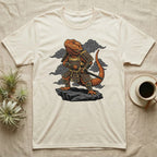 Bearded dragon in samurai armor holding a sword on a rock.