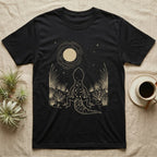 Leopard Gecko Moon T-Shirt in Black — Scratchboard illustration of a leopard gecko seen from behind, looking up at a scratched moon over dry grasses.