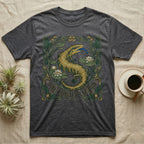 Dark grey t-shirt featuring a green and gold lizard with blue tongue surrounded by art nouveau floral details.