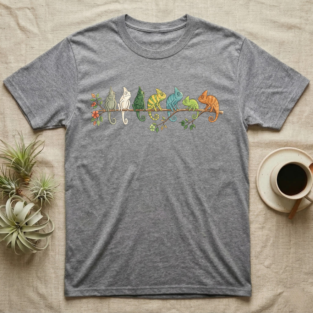 Veiled Chameleon Canopy Crew T-Shirt in Sport Grey — Watercolor illustration of seven veiled chameleons in different colour phases on a ficus branch, dark grey T-shirt design.