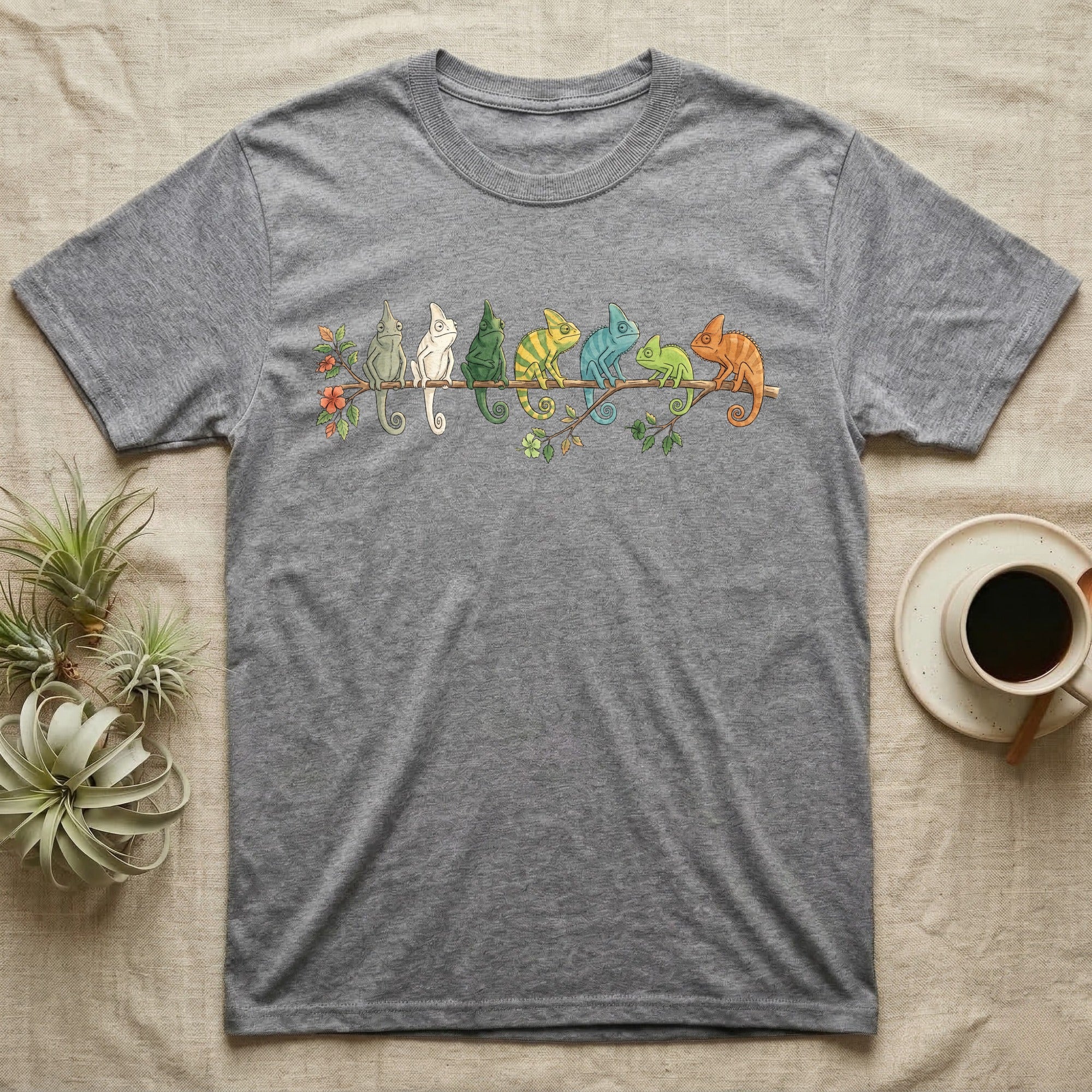 Veiled Chameleon Canopy Crew T-Shirt in Sport Grey — Watercolor illustration of seven veiled chameleons in different colour phases on a ficus branch, dark grey T-shirt design.
