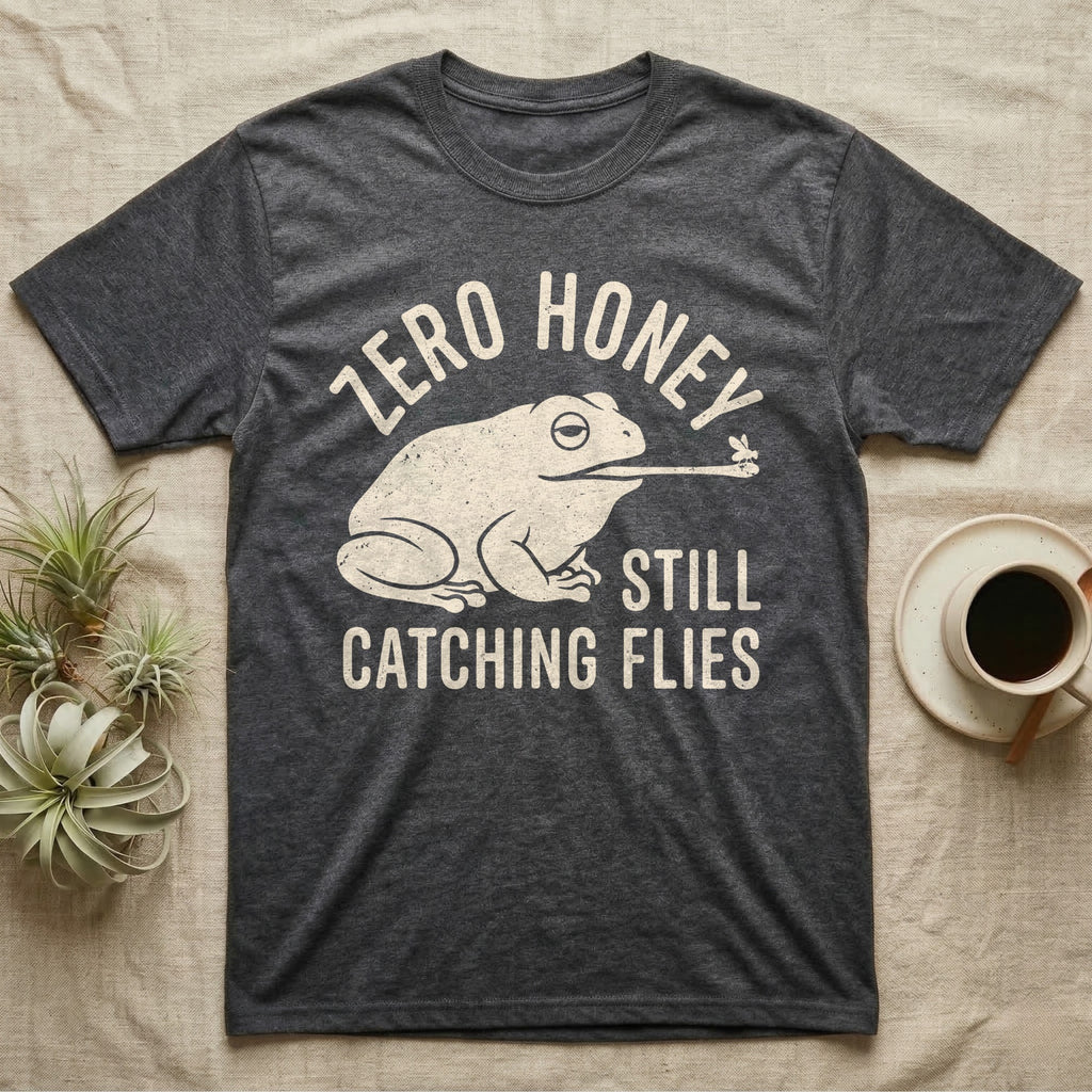 Tree Frog Proverb T-Shirt in Dark Heather — Worn cream print of a dumpy White's tree frog catching a fly with its tongue under the words Zero Honey, Still Catching Flies
