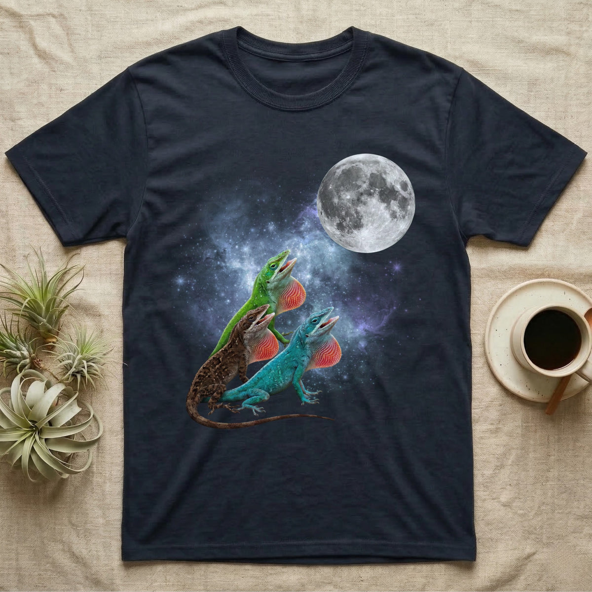 Green Anole Moon Howl T-Shirt in Navy — Three Green Anole colour morphs howling at a full moon over a nebula on a dark grey t-shirt.