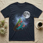Green Anole Moon Howl T-Shirt in Navy — Three Green Anole colour morphs howling at a full moon over a nebula on a dark grey t-shirt.