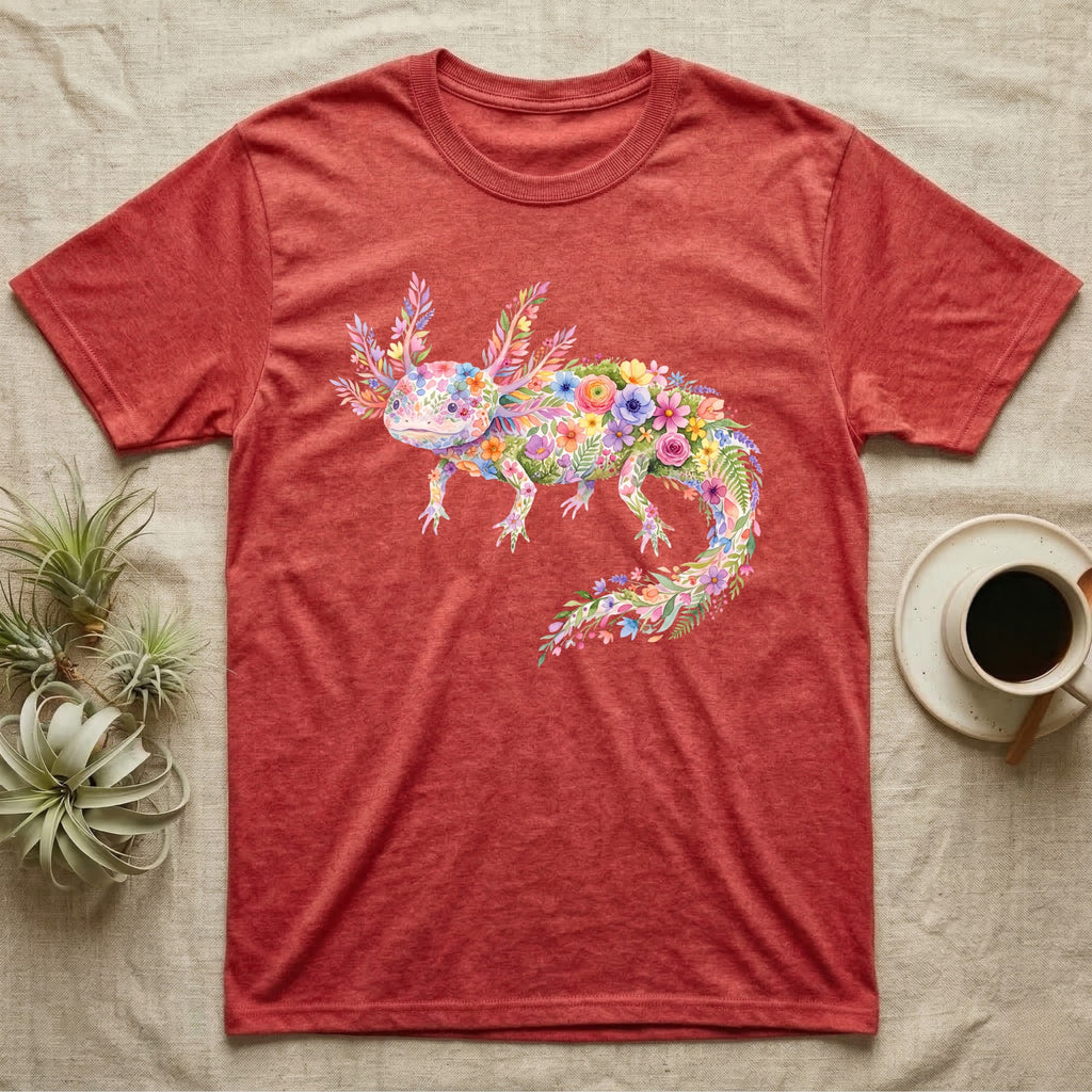 Axolotl Watercolour Mosaic T-Shirt in Heather Red — Watercolour mosaic axolotl made of painted flowers and leaf blades, gill plumes fanned, petals trailing from its tail