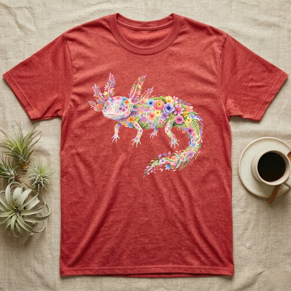 Axolotl Watercolour Mosaic T-Shirt in Heather Red — Watercolour mosaic axolotl made of painted flowers and leaf blades, gill plumes fanned, petals trailing from its tail