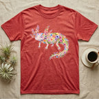 Axolotl Watercolour Mosaic T-Shirt in Heather Red — Watercolour mosaic axolotl made of painted flowers and leaf blades, gill plumes fanned, petals trailing from its tail