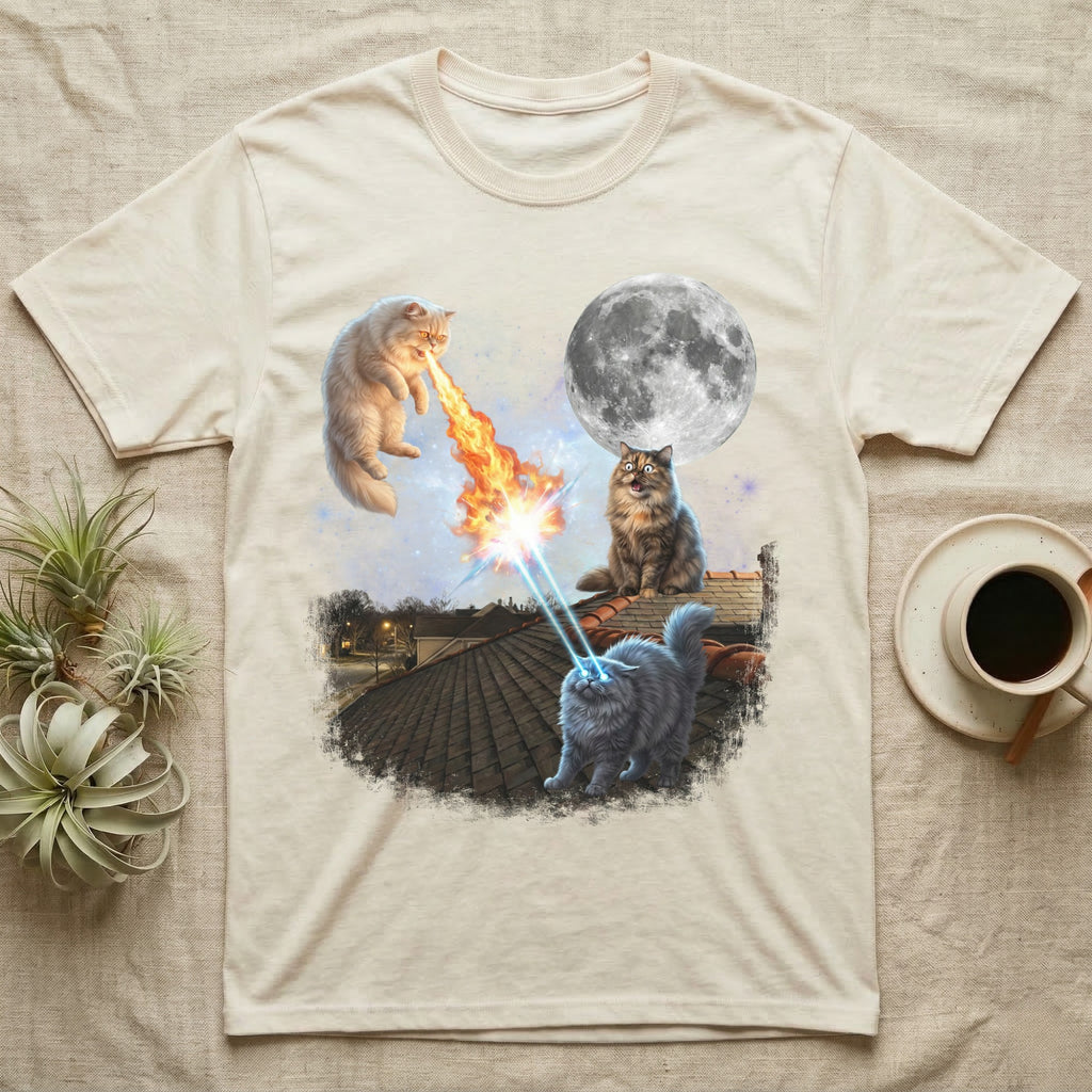 Two cats on a rooftop at night, one breathing fire, the other with laser eyes, moon above.
