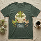 Three Tree Frog Moon T-Shirt in Military Green — Retro-illustration of three tree frogs in splayed glass-cling poses around a stratified halftone full moon.