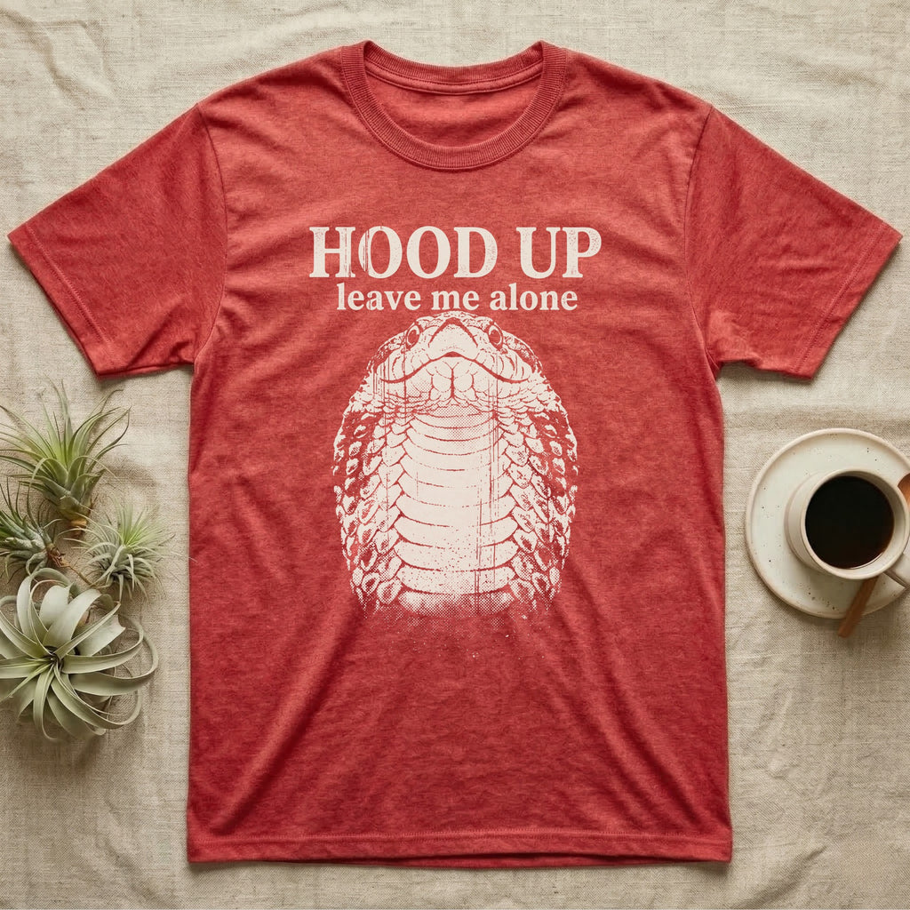 Hognose Hood Up T-Shirt in Heather Red — Gritty white print of a western hognose reared up front-on with its neck flattened, under the words HOOD UP, leave me alone, on black