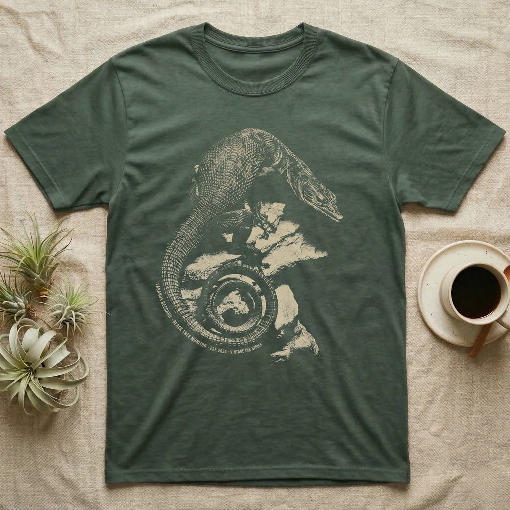 Vintage engraved illustration of a black tree monitor climbing rock with its tail coiled into a badge, arc text reading Varanus Beccarii, Black Tree Monitor, Est. 2024, Vintage Ink Series. — shown on a Military Green tee.