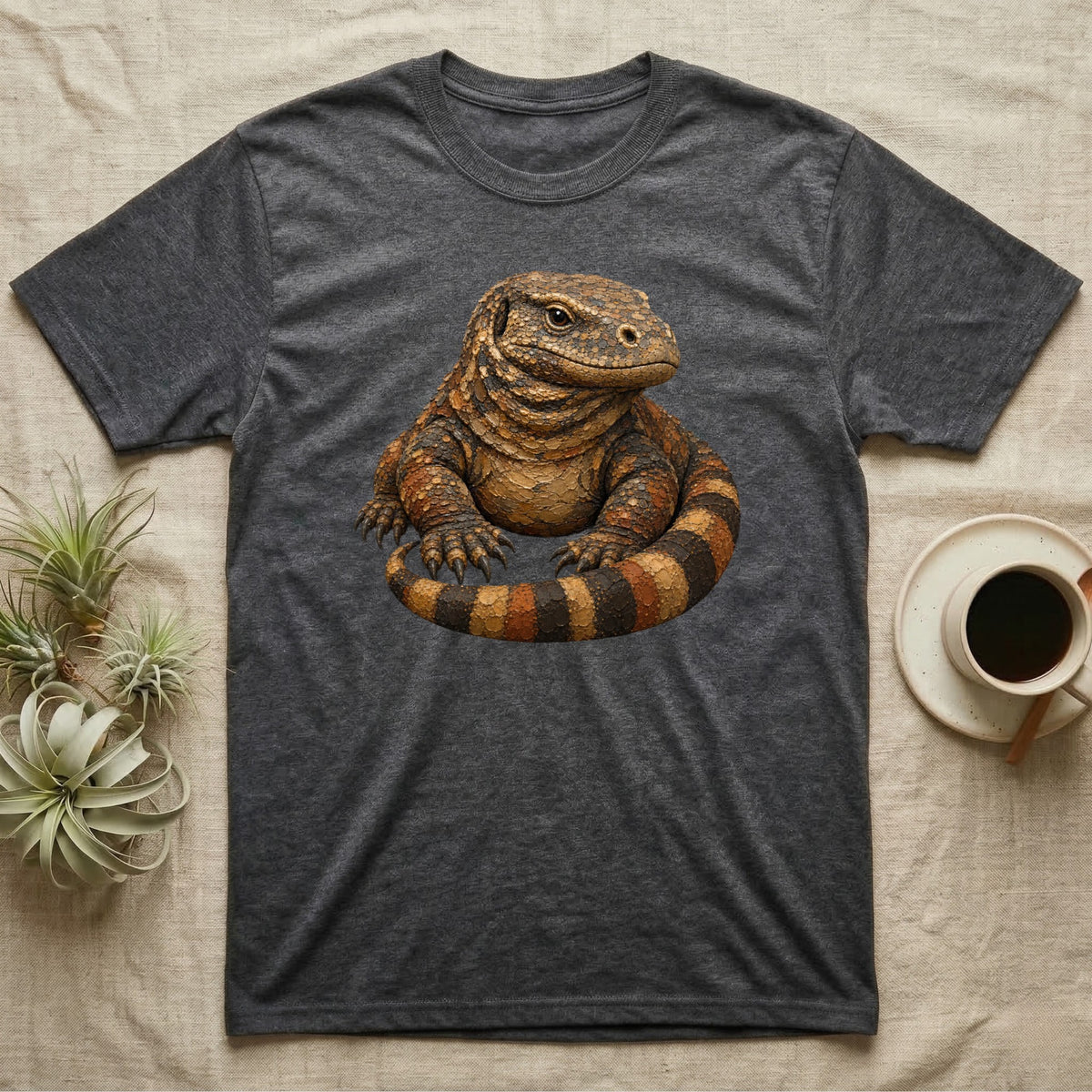 Gray t-shirt featuring a realistic illustration of a striped monitor lizard.