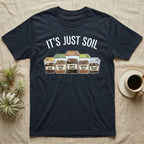 Isopod Soil Bins T-Shirt in Navy — Watercolour row of five labelled bins of soil with isopods on the lids under the words IT'S JUST SOIL