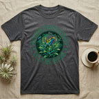 Dark grey t-shirt with a circular design of a poison dart frog in jungle foliage.