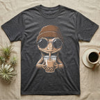 Crested Gecko Boba Tea T-Shirt in Dark Heather — Cross-hatch engraving of a crested gecko in a beanie and round glasses sipping boba milk tea.
