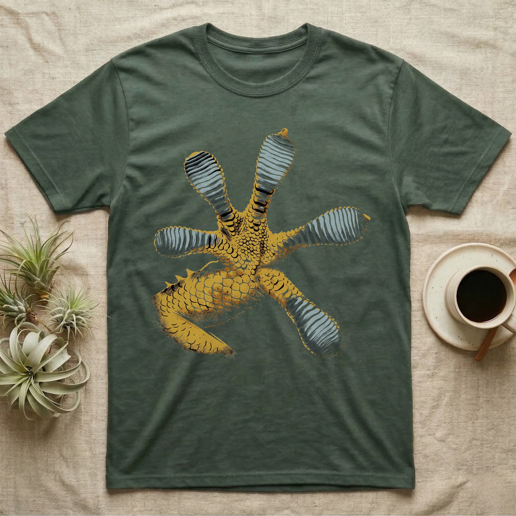 Macro illustration of a gecko's forefoot from underneath, ribbed blue-grey lamellae toe pads fanned against amber-gold scale texture, no on-shirt text. — shown on a Military Green tee.