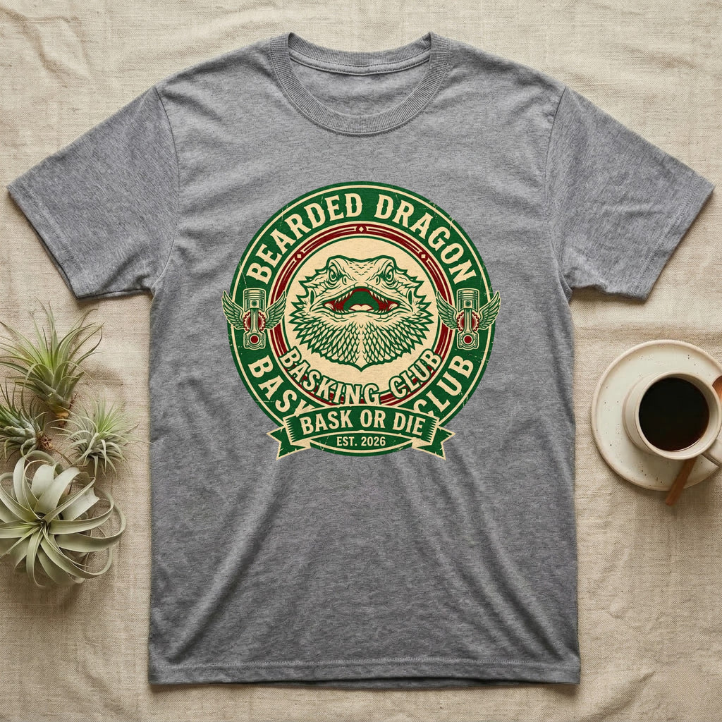 Grey t-shirt with "Bearded Dragon Basking Club" logo featuring a dragon head.