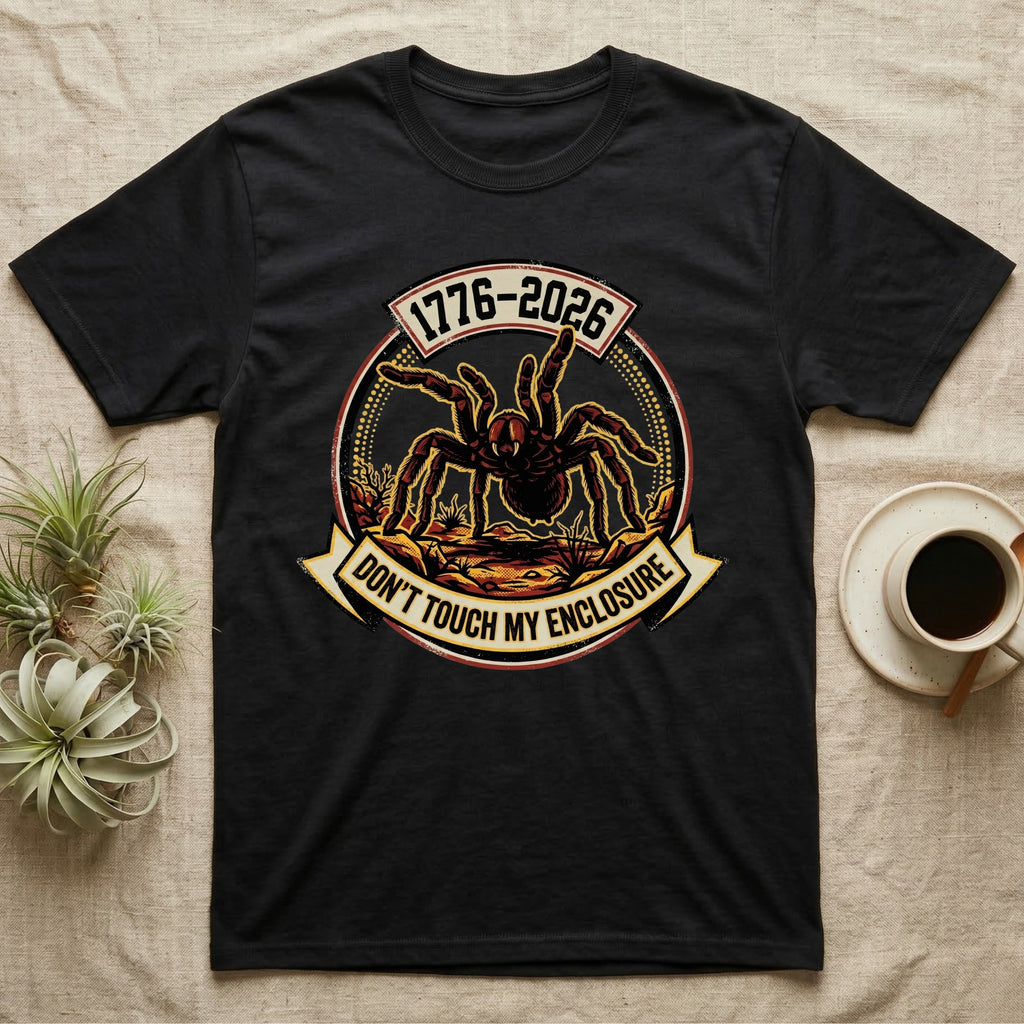 Tarantula Don't Touch Enclosure Tee in Black — Distressed circular badge of a defensive tarantula on desert ground, red and gold banner reading Don't Touch My Enclosure, on black.
