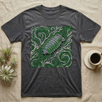 Dark gray t-shirt featuring a green isopod illustration with swirling organic patterns.