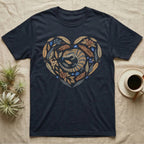 Dark blue t-shirt with a heart-shaped floral and lizard graphic.