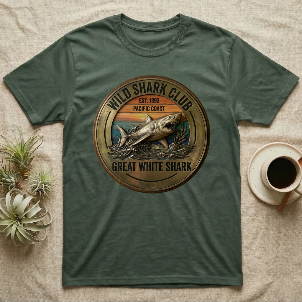 Green t-shirt with "Wild Shark Club" and "Great White Shark" text.
