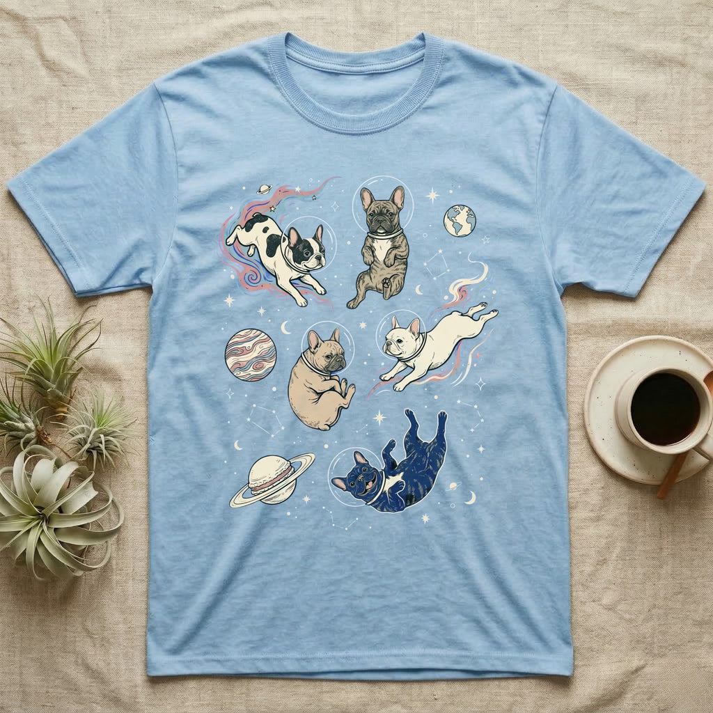 Light blue t-shirt with French bulldogs in space graphic.