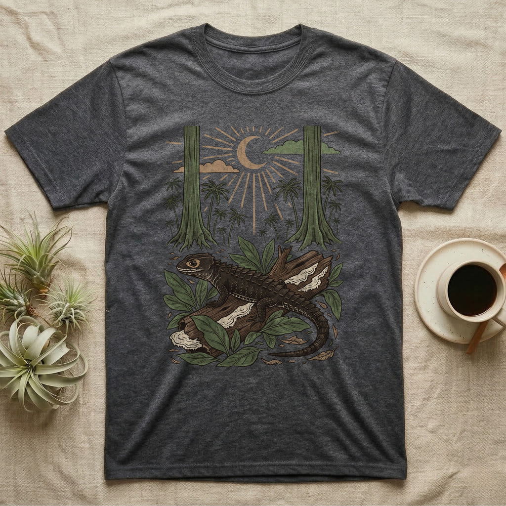 Crocodile Skink Home Range T-Shirt in Dark Heather — Woodcut-style illustration of a red-eyed crocodile skink crouched on a rainforest log among broad leaves and palms, no on-shirt text.