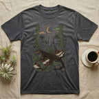 Crocodile Skink Home Range T-Shirt in Dark Heather — Woodcut-style illustration of a red-eyed crocodile skink crouched on a rainforest log among broad leaves and palms, no on-shirt text.