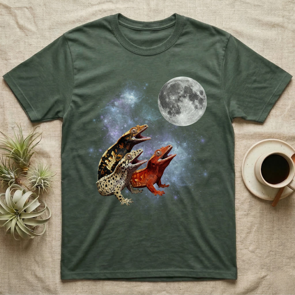 Crested Gecko Moon Howl T-Shirt in Military Green — Three Crested Gecko colour morphs howling at a full moon over a nebula on a dark grey t-shirt.