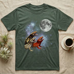 Crested Gecko Moon Howl T-Shirt in Military Green — Three Crested Gecko colour morphs howling at a full moon over a nebula on a dark grey t-shirt.