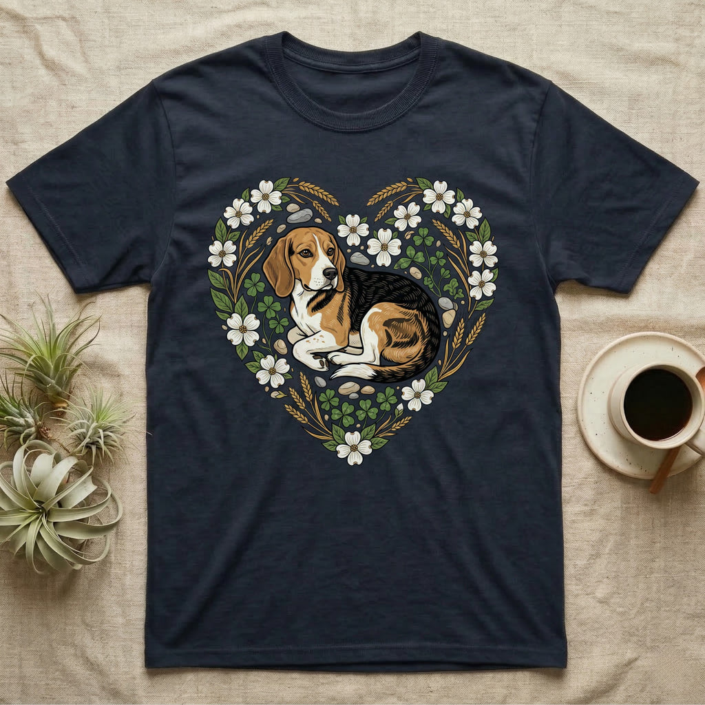 Dark t-shirt with beagle in floral heart design.