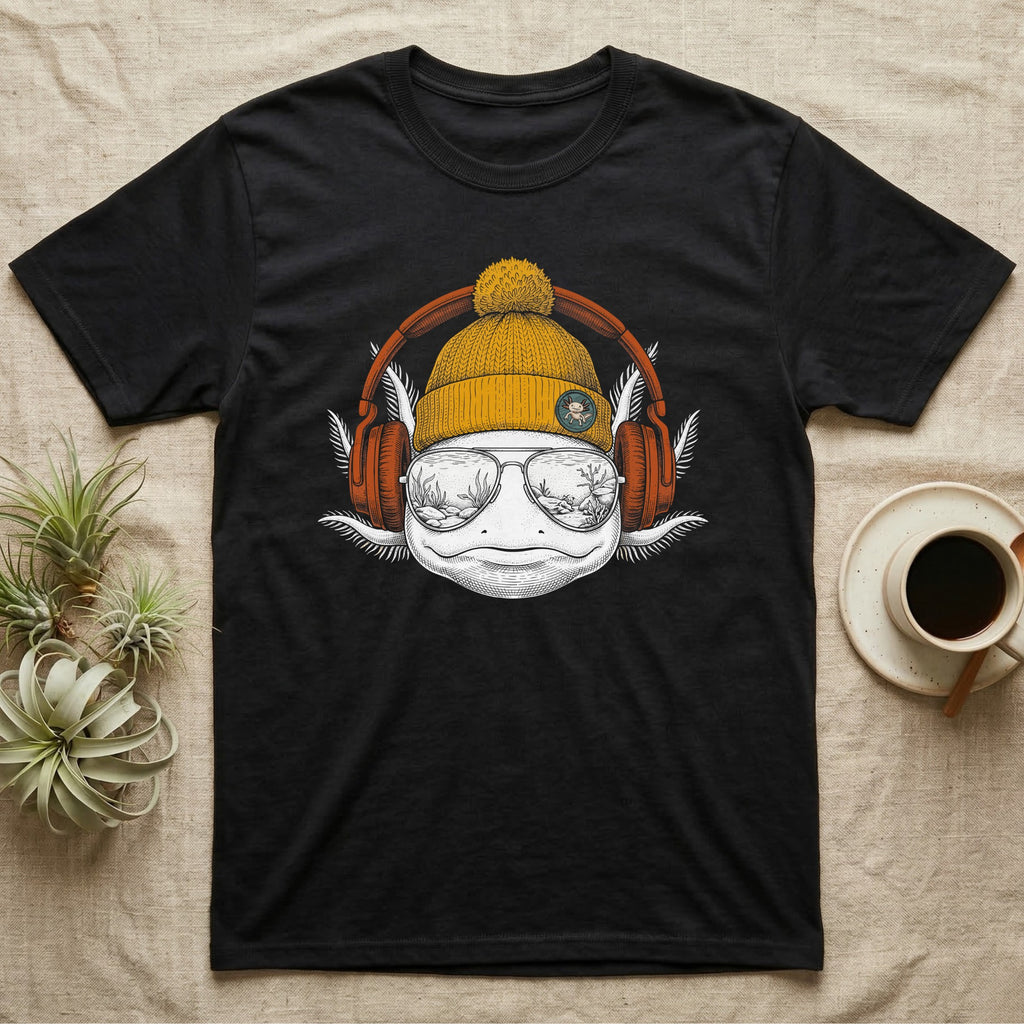 Axolotl Headphones Engraving T-Shirt in Black — Engraved axolotl portrait in a knit beanie and headphones, aviator lenses reflecting a planted aquarium scene.