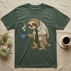 Tired sloth in shirt and tie holding steaming mug, "World's Okayest Employee" text.
