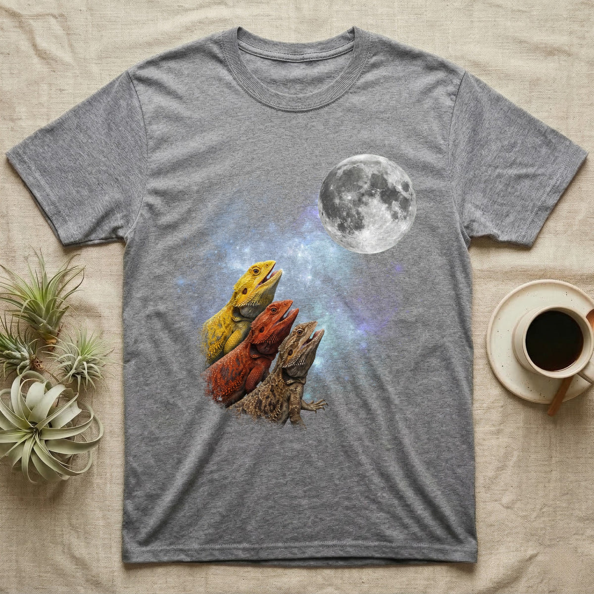 Bearded Dragon Moon Howl T-Shirt in Sport Grey — Three Bearded Dragon colour morphs howling at a full moon over a nebula on a dark grey t-shirt.