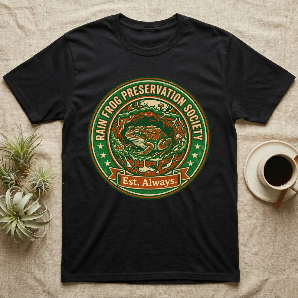 Black t-shirt with circular logo: "Rain Frog Preservation Society Est. Always."
