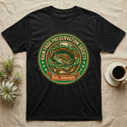 Black t-shirt with circular logo: "Rain Frog Preservation Society Est. Always."