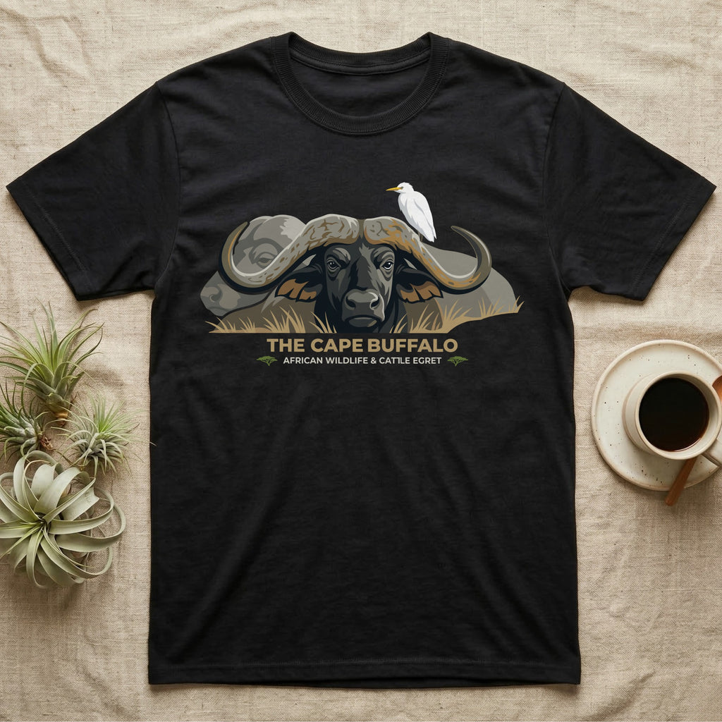 Black t-shirt with Cape Buffalo and Cattle Egret graphic and text.