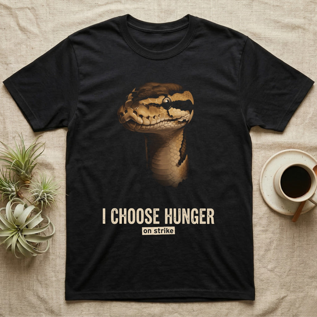 Photographic mugshot of a ball python staring down the lens above the distressed hook I Choose Hunger, on strike. — shown on a Black tee.