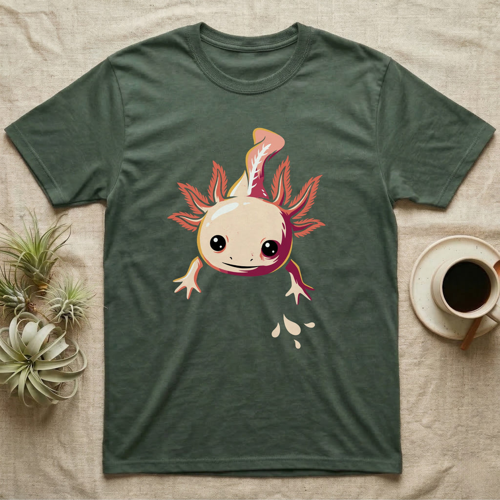 Cute chibi illustration of a smiling cream and coral-pink axolotl floating with splashing water droplets, no on-shirt text. — shown on a Military Green tee.
