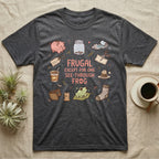 Glass Frog Frugal T-Shirt in Dark Heather — Cartoon glass frog on a leaf under the words Frugal except for one see-through frog, ringed by a piggy bank, coin jar, coupons and other thrifty things
