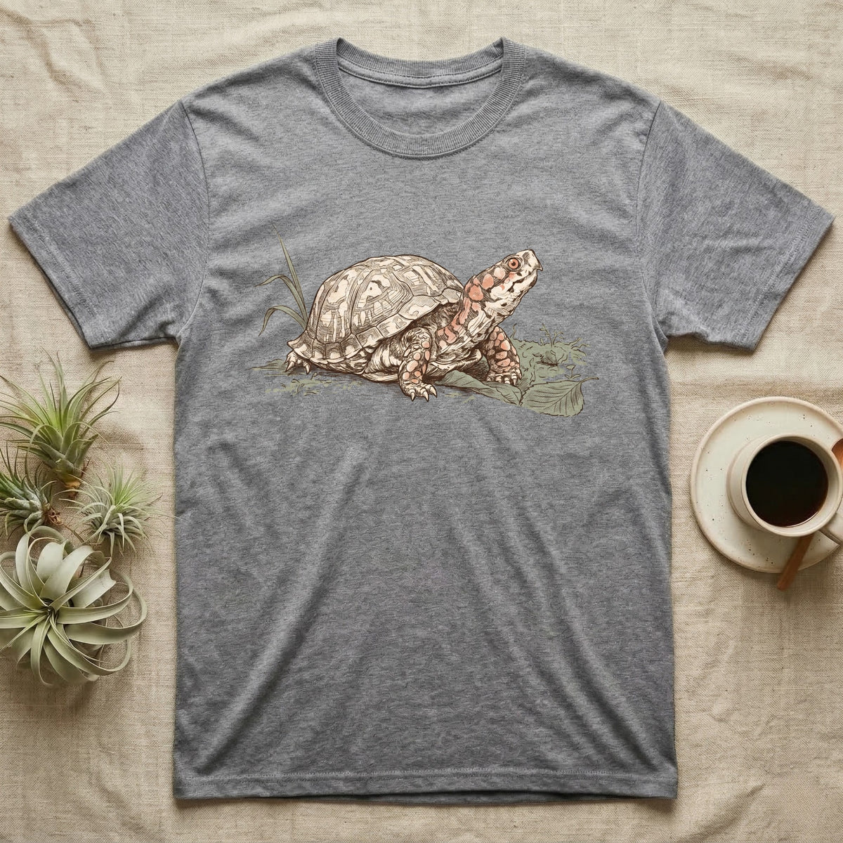 Box Turtle Shell T-Shirt in Sport Grey — Naturalist-plate illustration of a box turtle with its shell shown as living body, above a serif welfare creed caption.